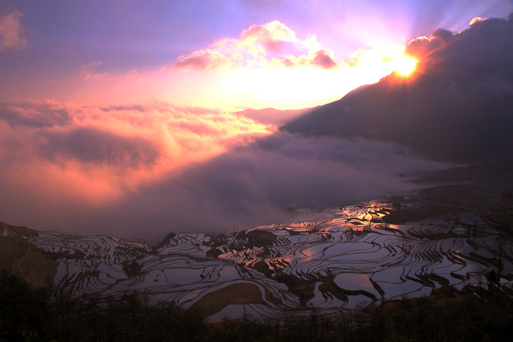 Wonderful Sunrise and Fantastic Cloud Sea in Duoyishu Rice Terraces
