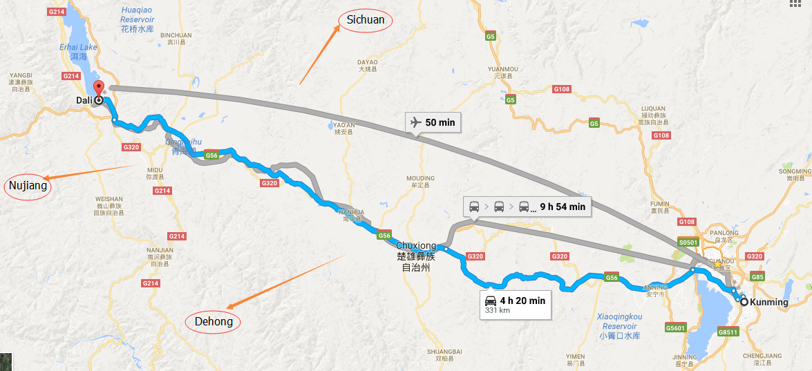 The-tour-route-from-Kunming-to-Dali