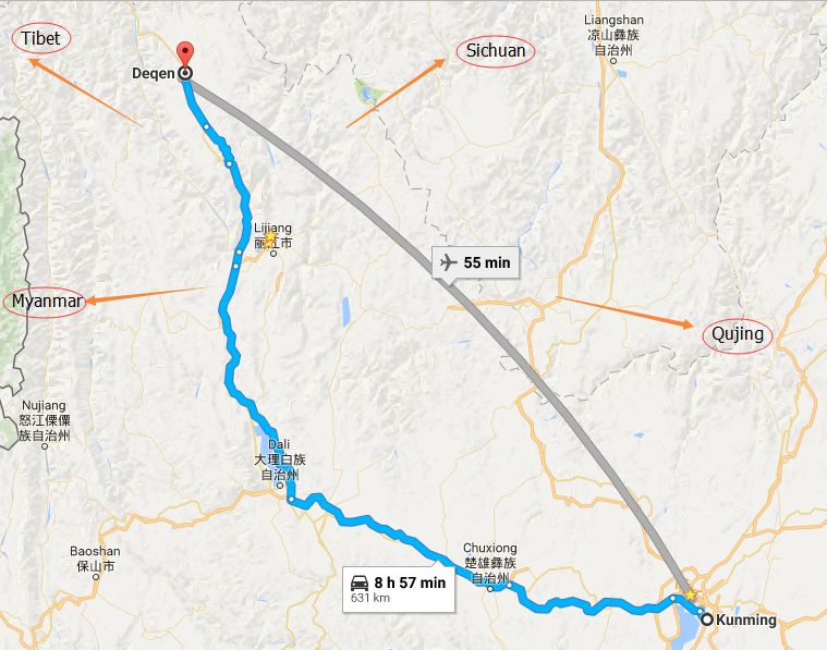 The-tour-route-from-Kunming-to-Diqing