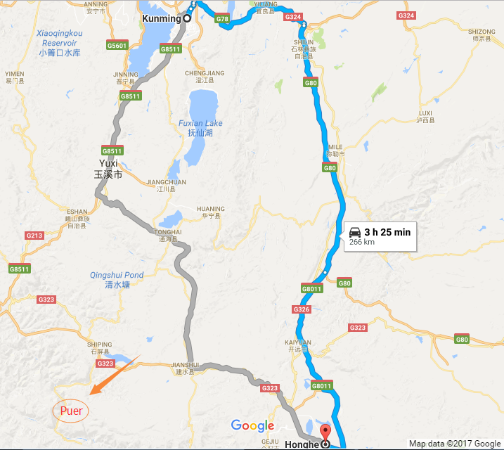 The-tour-route-from-Kunming-to-Honghe