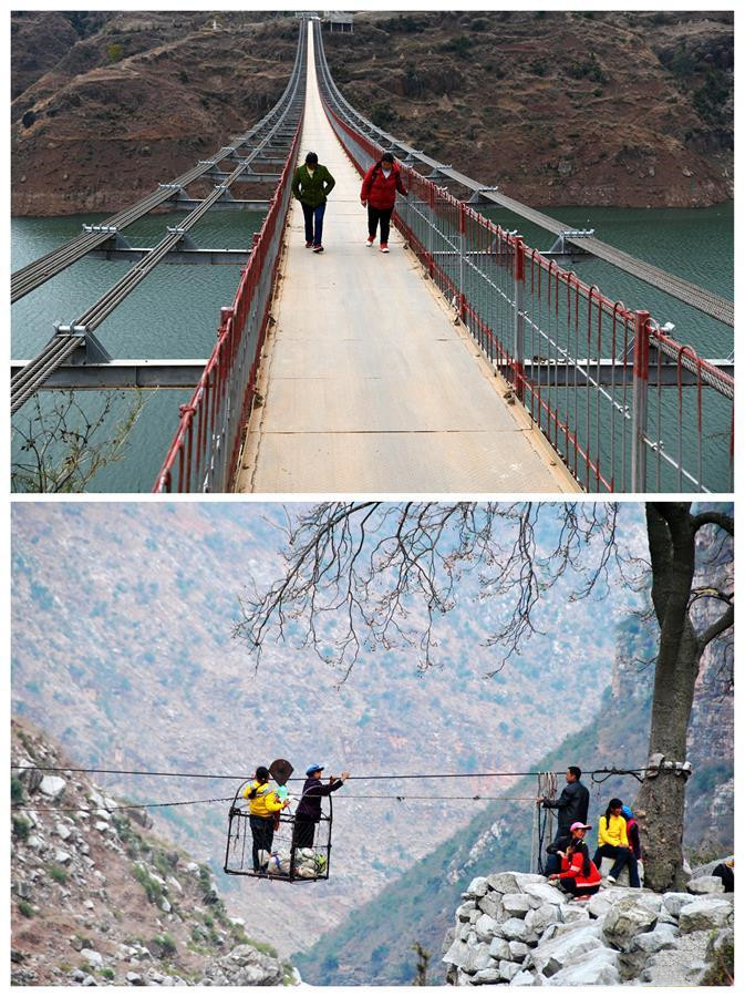 Combo photo shows villagers walking on a bridge (upper) on Dec. 11, 2019 and people of Huize using cableway (lower) on March 7, 2013